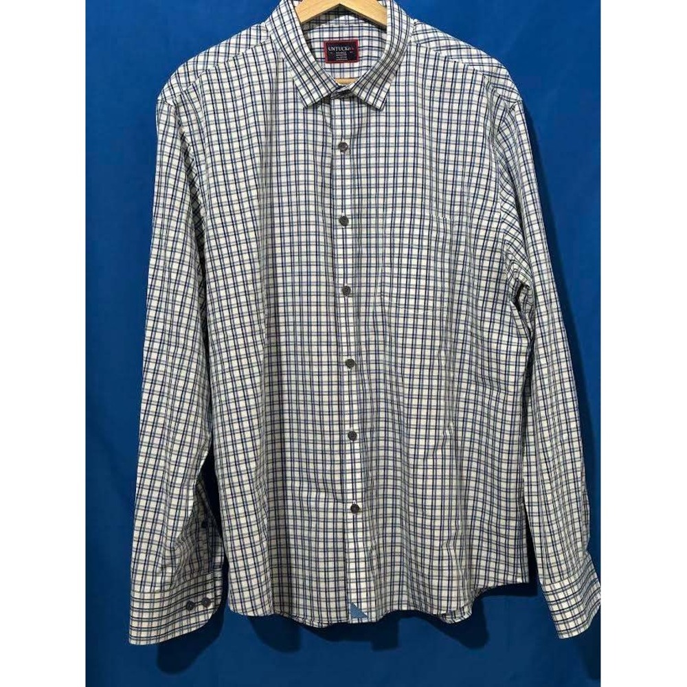 UNTUCKit Mens XL Blue White Plaid Wrinkle Free Cotton Button Down Shirt Career